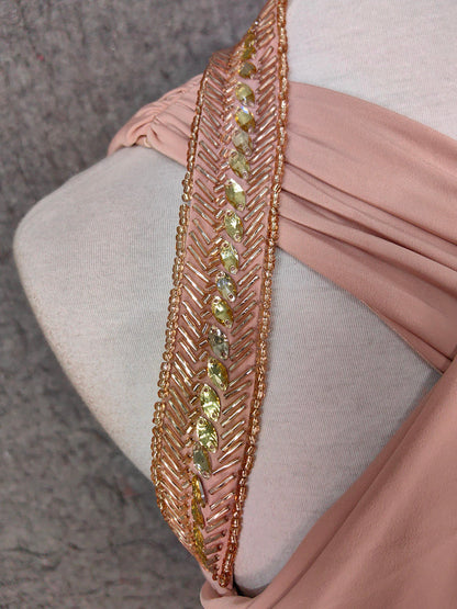 Stunning Pink Sleeveless Cross Neck Beaded Satin Long Prom Dress Evening Dress P4650
