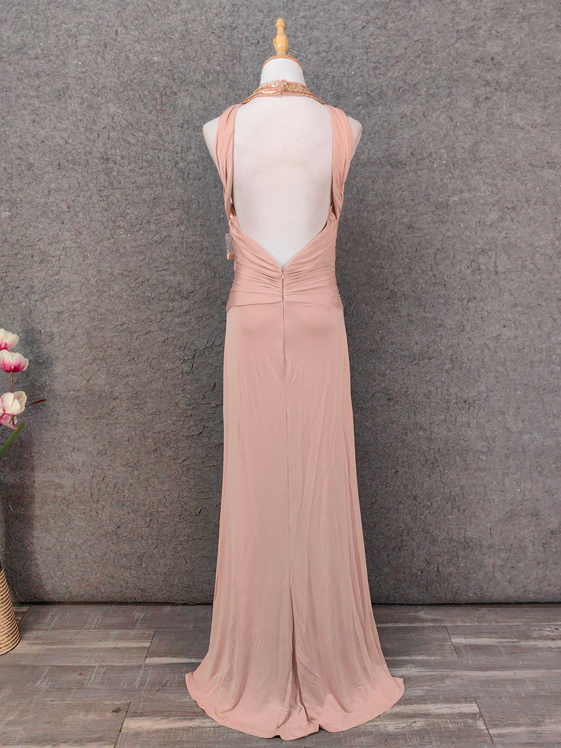 Stunning Pink Sleeveless Cross Neck Beaded Satin Long Prom Dress Evening Dress P4650