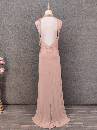 Stunning Pink Sleeveless Cross Neck Beaded Satin Long Prom Dress Evening Dress P4650