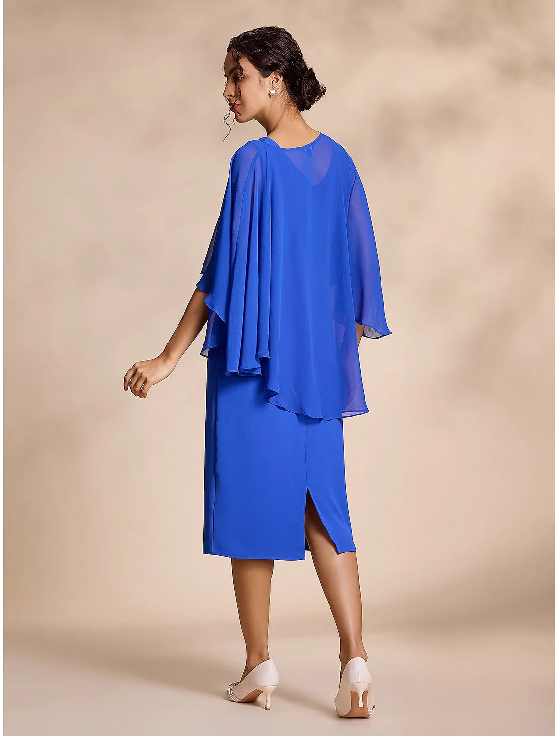 omberprom Elegant Blue Chiffon Causal Round Sleeve Mother of the Bride Dress Wedding Guest Dress Party Dress