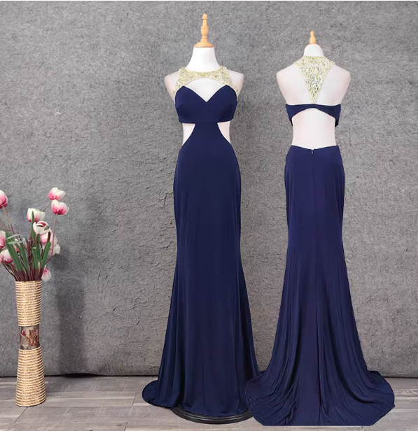 Elegant Navy Blue Mermaid Beaded Open Back Chiffon Long Prom Dress Evening Dress P4651
