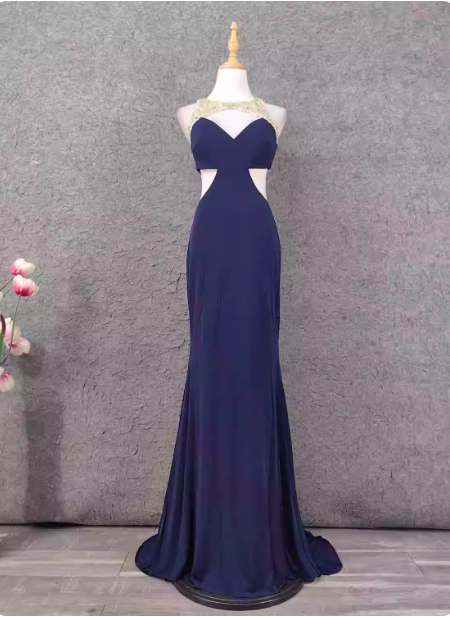Elegant Navy Blue Mermaid Beaded Open Back Chiffon Long Prom Dress Evening Dress P4651