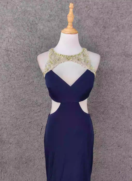 Elegant Navy Blue Mermaid Beaded Open Back Chiffon Long Prom Dress Evening Dress P4651