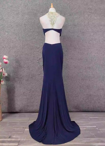 Elegant Navy Blue Mermaid Beaded Open Back Chiffon Long Prom Dress Evening Dress P4651