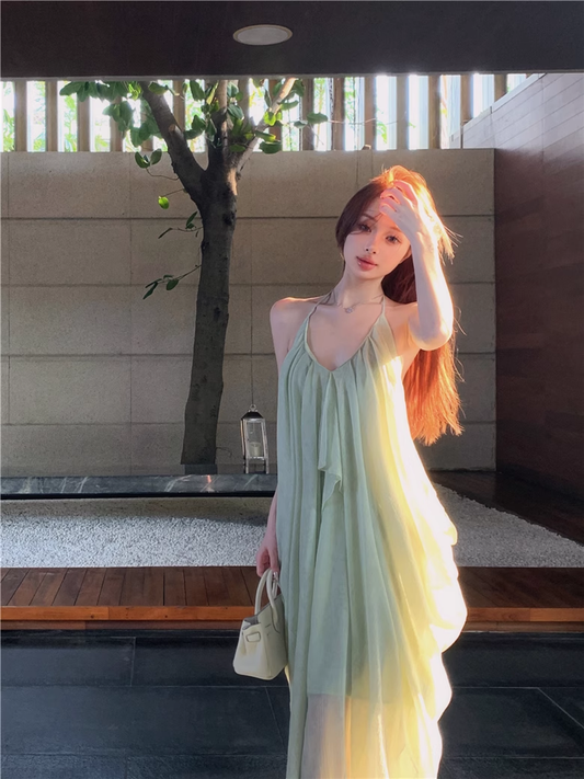 New Fashion Light Green Beach Holiday Casual Loose Halter Dress TP2998