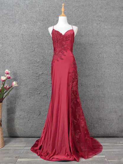 Classic Burgundy Mermaid Spaghetti Strap V-Neck Embroidered Satin Long Prom Dress Evening Dress P4652
