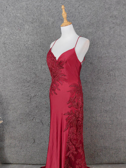 Classic Burgundy Mermaid Spaghetti Strap V-Neck Embroidered Satin Long Prom Dress Evening Dress P4652