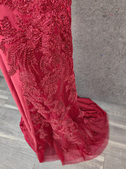 Classic Burgundy Mermaid Spaghetti Strap V-Neck Embroidered Satin Long Prom Dress Evening Dress P4652