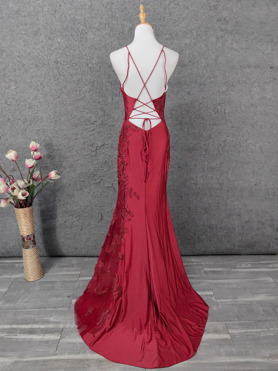 Classic Burgundy Mermaid Spaghetti Strap V-Neck Embroidered Satin Long Prom Dress Evening Dress P4652