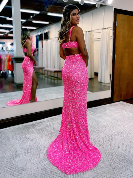 omberprom Mermaid Evening Dress V Neck Sequins Prom Dress with Slit