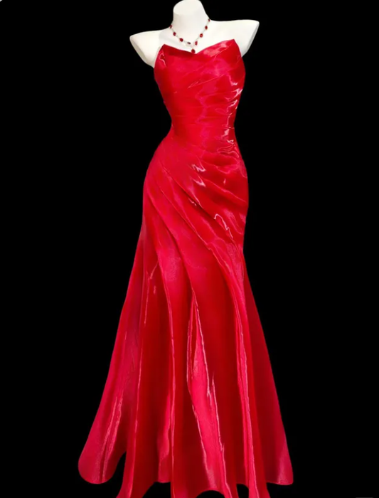 Pretty Red Strapless Satin Pleated Mermaid Long Party Dress Evening Gown