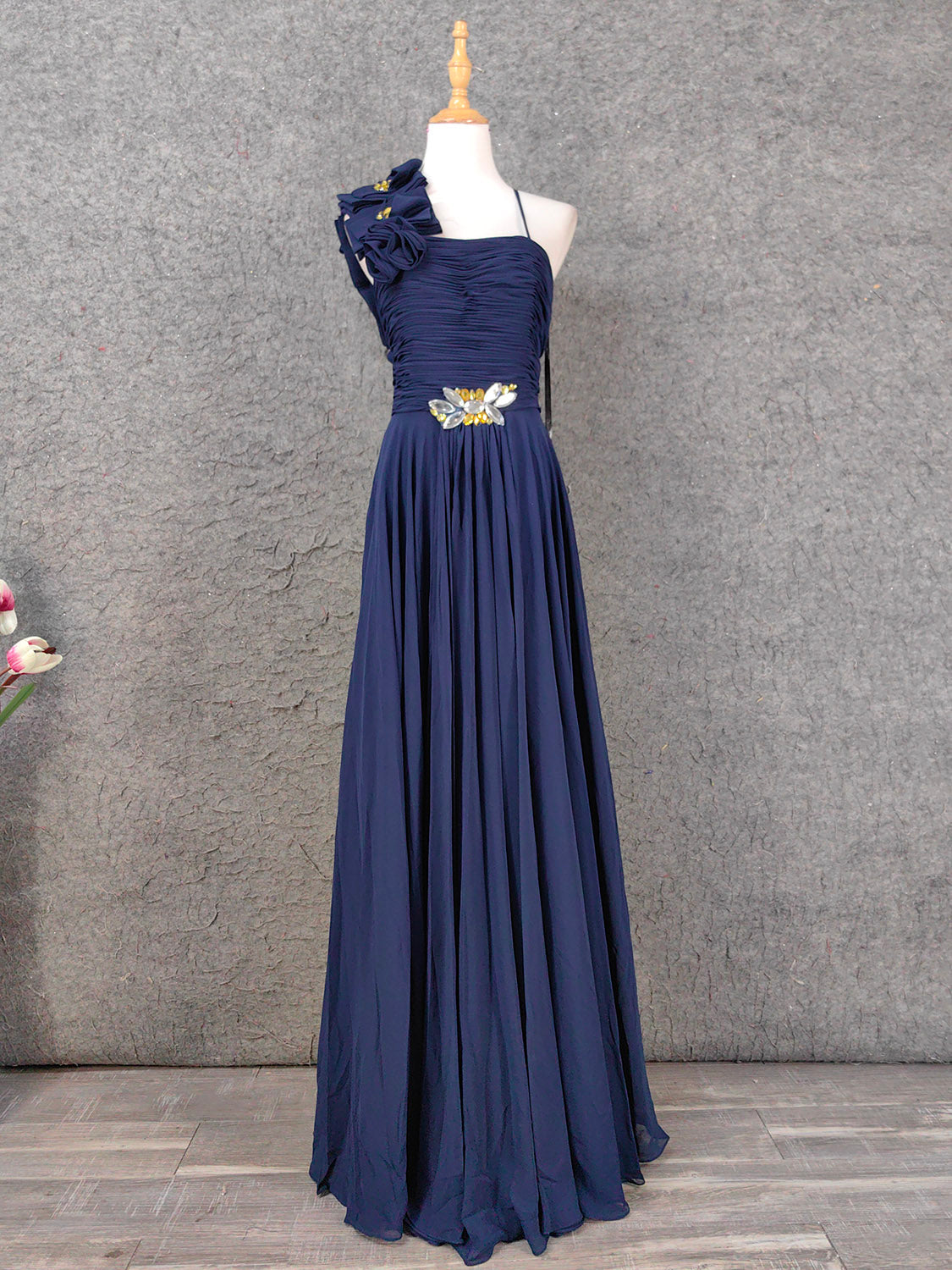 Elegant Navy Blue One-Shoulder 3D Floral Chiffon Long Prom Dress Evening Dress P4654