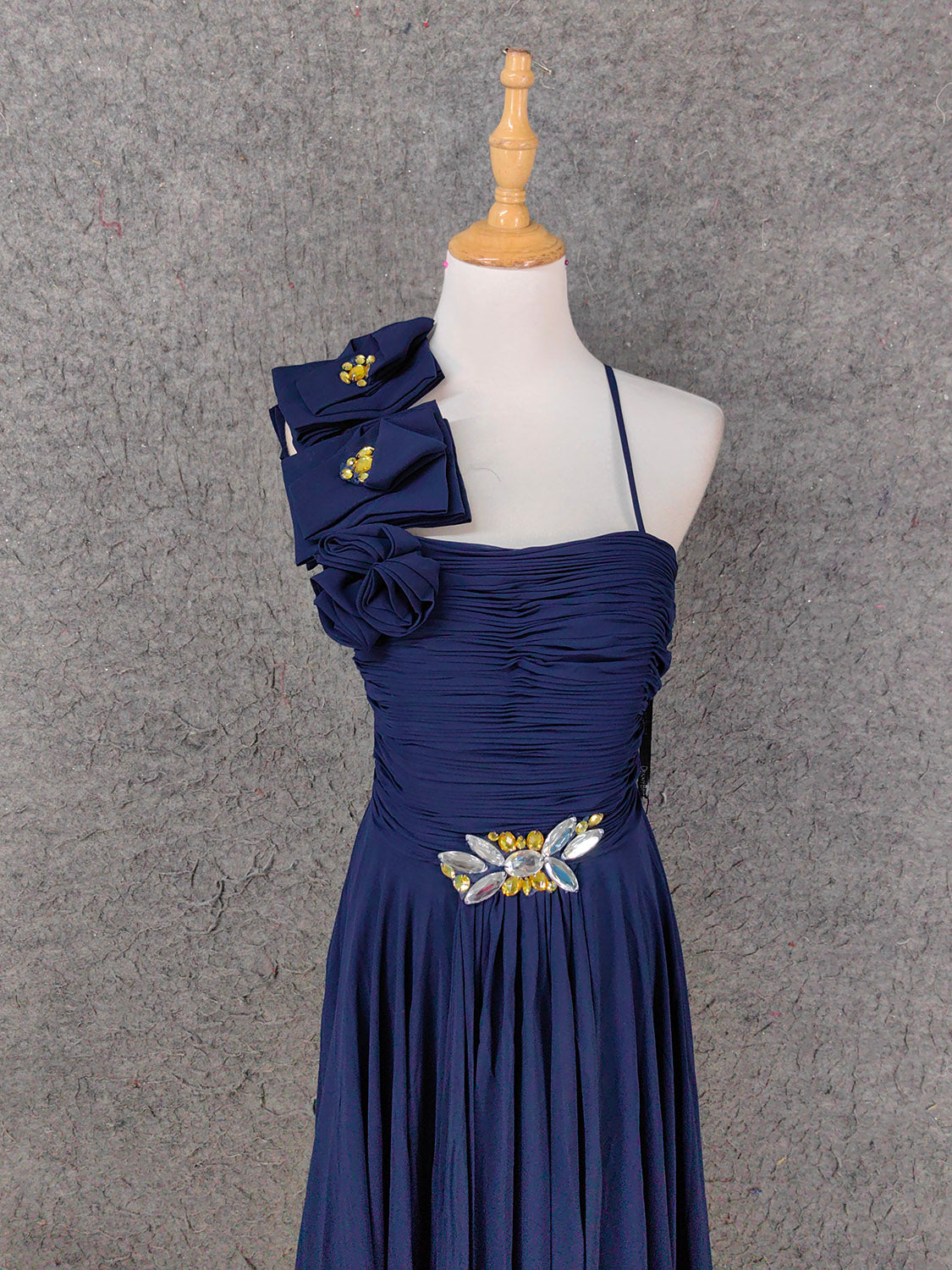 Elegant Navy Blue One-Shoulder 3D Floral Chiffon Long Prom Dress Evening Dress P4654