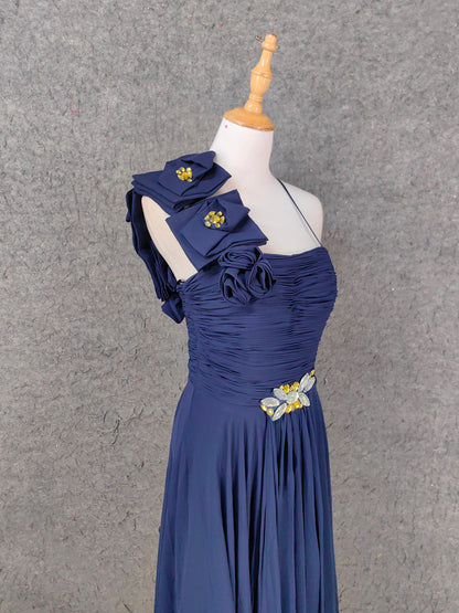 Elegant Navy Blue One-Shoulder 3D Floral Chiffon Long Prom Dress Evening Dress P4654