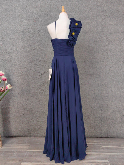 Elegant Navy Blue One-Shoulder 3D Floral Chiffon Long Prom Dress Evening Dress P4654