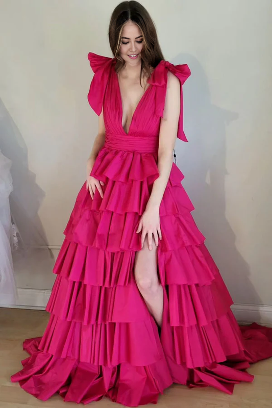 omberprom Plunging Prom Dresses V-Neck Evening Dress Fuchsia Bow Straps Ruffle Ball Gown