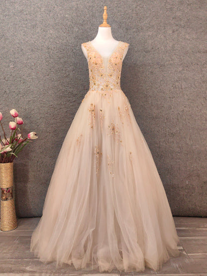 Princess Champagne A-Line V-Neck Sleeveless Sequin Beaded Tulle Long Prom Dress Evening Dress P4655