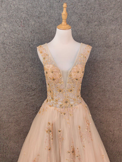 Princess Champagne A-Line V-Neck Sleeveless Sequin Beaded Tulle Long Prom Dress Evening Dress P4655