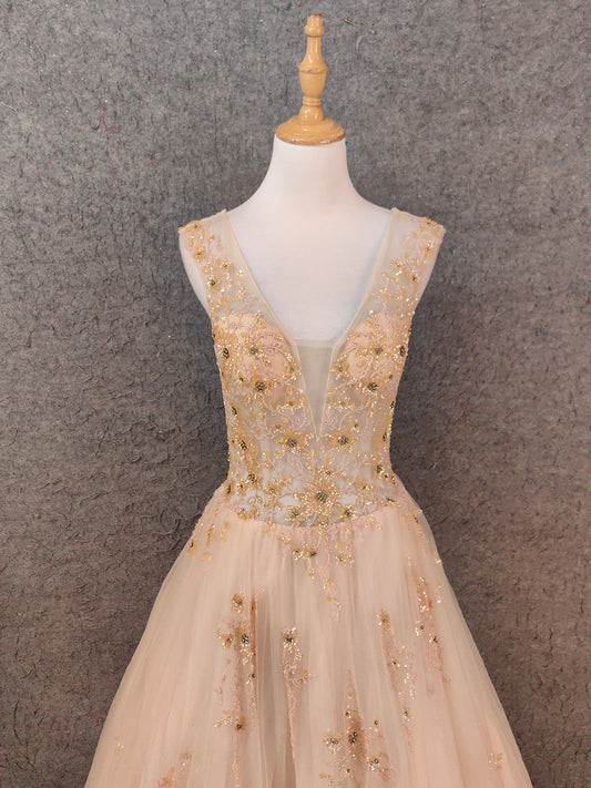 Princess Champagne A-Line V-Neck Sleeveless Sequin Beaded Tulle Long Prom Dress Evening Dress P4655