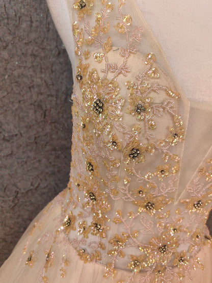 Princess Champagne A-Line V-Neck Sleeveless Sequin Beaded Tulle Long Prom Dress Evening Dress P4655