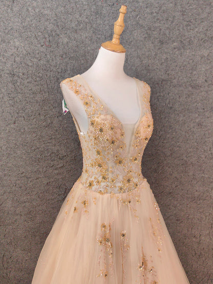 Princess Champagne A-Line V-Neck Sleeveless Sequin Beaded Tulle Long Prom Dress Evening Dress P4655