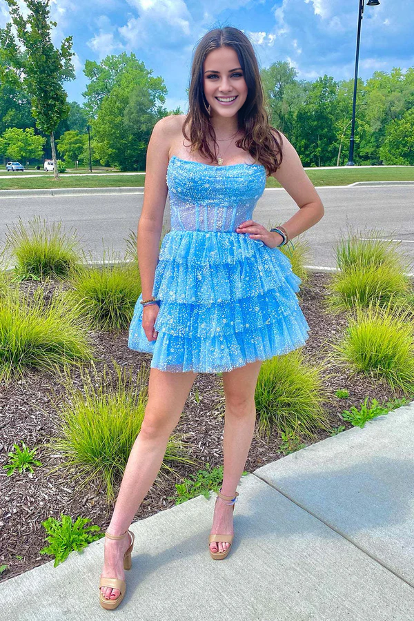 omberprom A Line Evening Dress Strapless Tiered Homecoming Dress