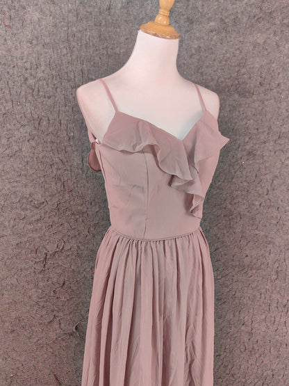 Elegant Dusty Pink Spaghetti Strap Ruffled Chiffon Long Prom Dress Evening Dress Bridesmaid Dress P4656