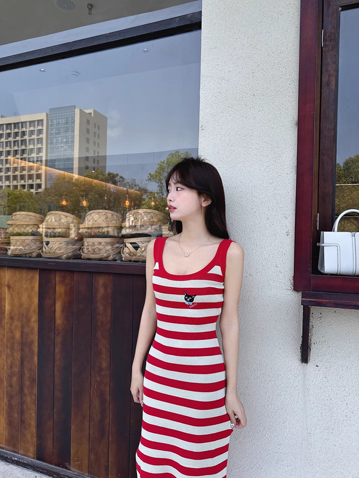 New Fashion Red Streak Casual Sleeveless Spaghetti Strap Dress TP2977