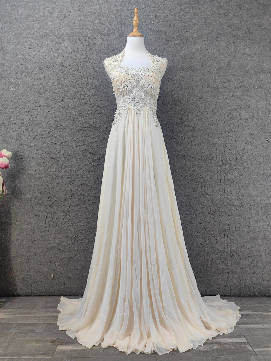 Elegant Ivory Cap-Sleeve Pearl Lace Chiffon Long Prom Dress Evening Dress P4657