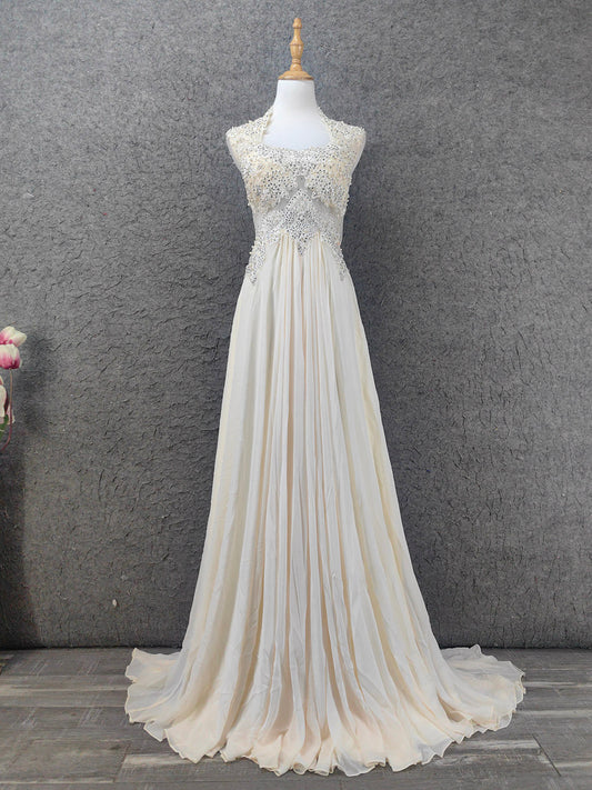 Elegant Ivory Cap-Sleeve Pearl Lace Chiffon Long Prom Dress Evening Dress P4657