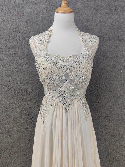 Elegant Ivory Cap-Sleeve Pearl Lace Chiffon Long Prom Dress Evening Dress P4657