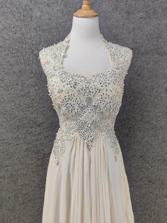 Elegant Ivory Cap-Sleeve Pearl Lace Chiffon Long Prom Dress Evening Dress P4657