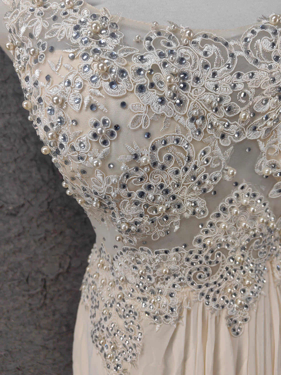 Elegant Ivory Cap-Sleeve Pearl Lace Chiffon Long Prom Dress Evening Dress P4657