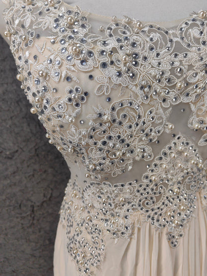 Elegant Ivory Cap-Sleeve Pearl Lace Chiffon Long Prom Dress Evening Dress P4657
