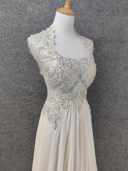 Elegant Ivory Cap-Sleeve Pearl Lace Chiffon Long Prom Dress Evening Dress P4657