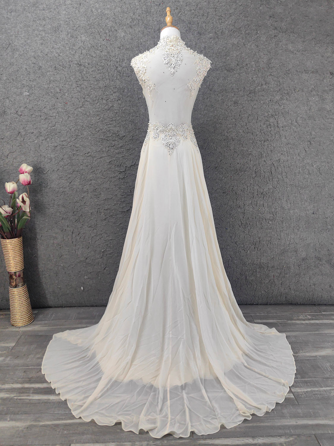 Elegant Ivory Cap-Sleeve Pearl Lace Chiffon Long Prom Dress Evening Dress P4657