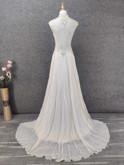 Elegant Ivory Cap-Sleeve Pearl Lace Chiffon Long Prom Dress Evening Dress P4657