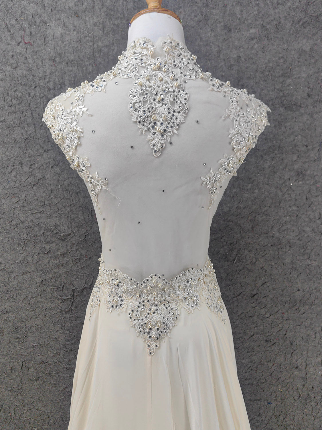 Elegant Ivory Cap-Sleeve Pearl Lace Chiffon Long Prom Dress Evening Dress P4657