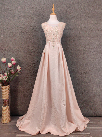 Elegant Pink A-Line Sleeveless Crew Neck Lace Rhinestone Brocade Satin Long Prom Dress Evening Dress P4658