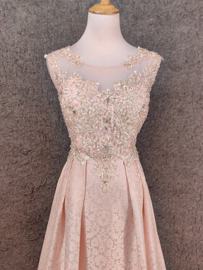 Elegant Pink A-Line Sleeveless Crew Neck Lace Rhinestone Brocade Satin Long Prom Dress Evening Dress P4658