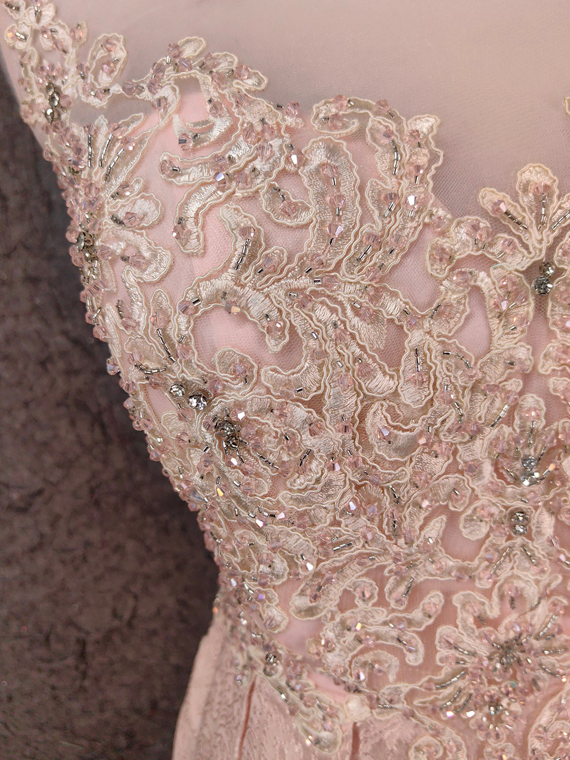 Elegant Pink A-Line Sleeveless Crew Neck Lace Rhinestone Brocade Satin Long Prom Dress Evening Dress P4658