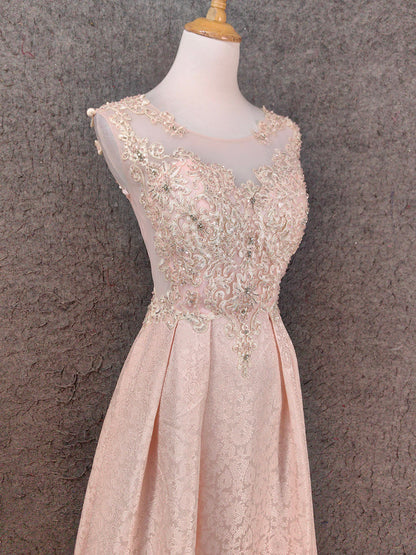 Elegant Pink A-Line Sleeveless Crew Neck Lace Rhinestone Brocade Satin Long Prom Dress Evening Dress P4658