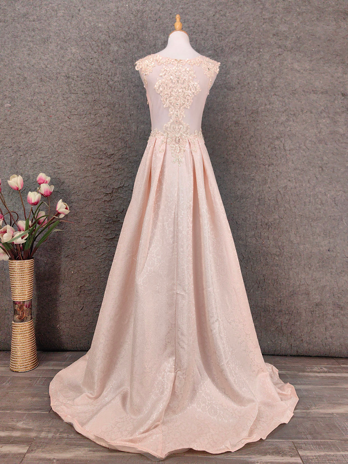 Elegant Pink A-Line Sleeveless Crew Neck Lace Rhinestone Brocade Satin Long Prom Dress Evening Dress P4658