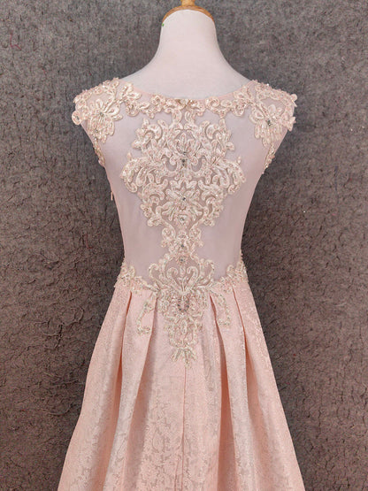 Elegant Pink A-Line Sleeveless Crew Neck Lace Rhinestone Brocade Satin Long Prom Dress Evening Dress P4658
