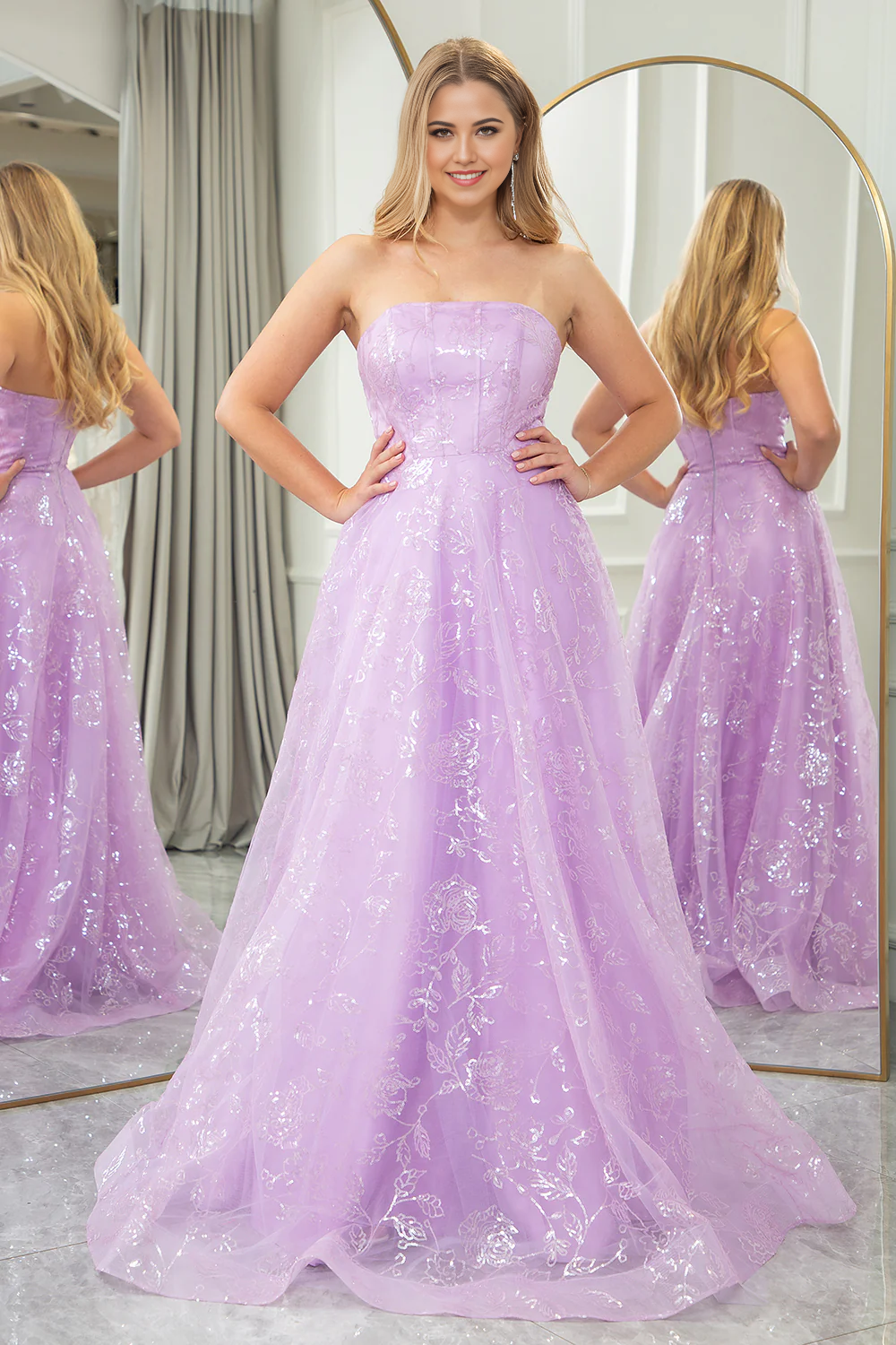 omberprom Sparkly Lilac Long Prom Dress A Line Strapless Sequin Evening Dress