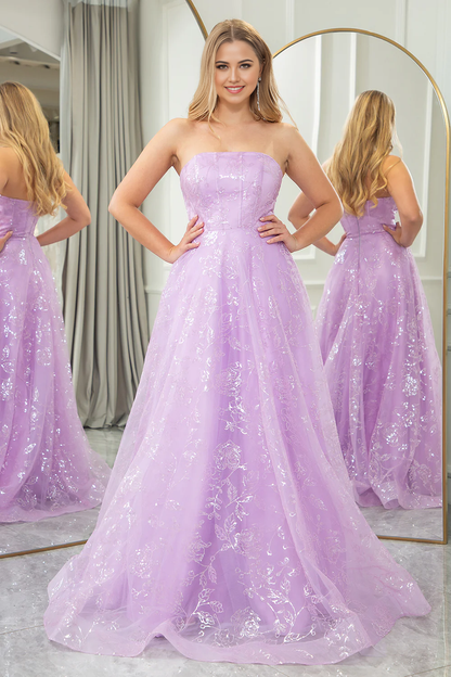 omberprom Sparkly Lilac Long Prom Dress A Line Strapless Sequin Evening Dress