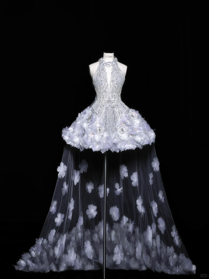 Silver halterneck diamond sequined open back sexy waist puffy skirt homecoming dress R4126