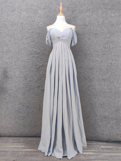 Elegant Light Gray A-Line Off-Shoulder Twist Ruffled Chiffon Long Prom Dress Evening Dress Bridesmaid Dress P4659