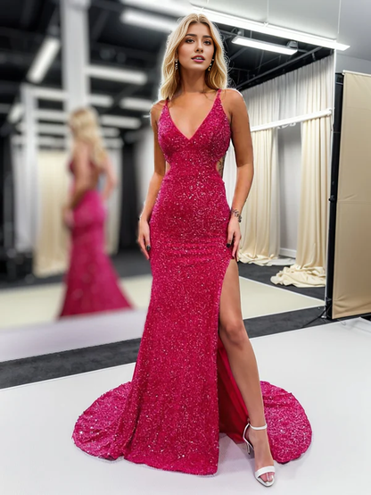 omberprom Elegant Glitter Red Mermaid Evening Dress V Neck Cut Out Prom Dress with Slit