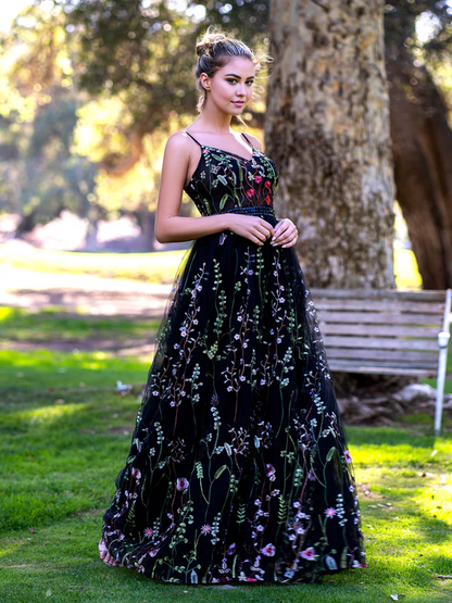 omberprom V-neck Evening Dress Spaghetti Straps Applique Tulle Floor Length Prom Dress